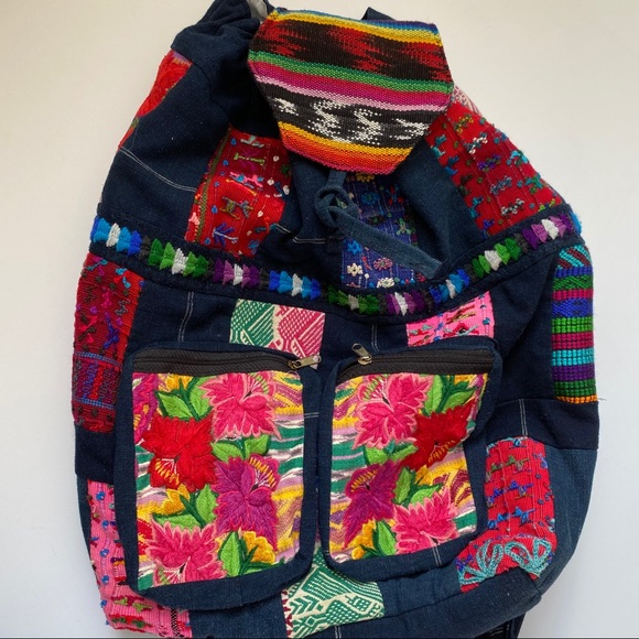 Handbags - Embroidered Floral Backpack with Drawstring